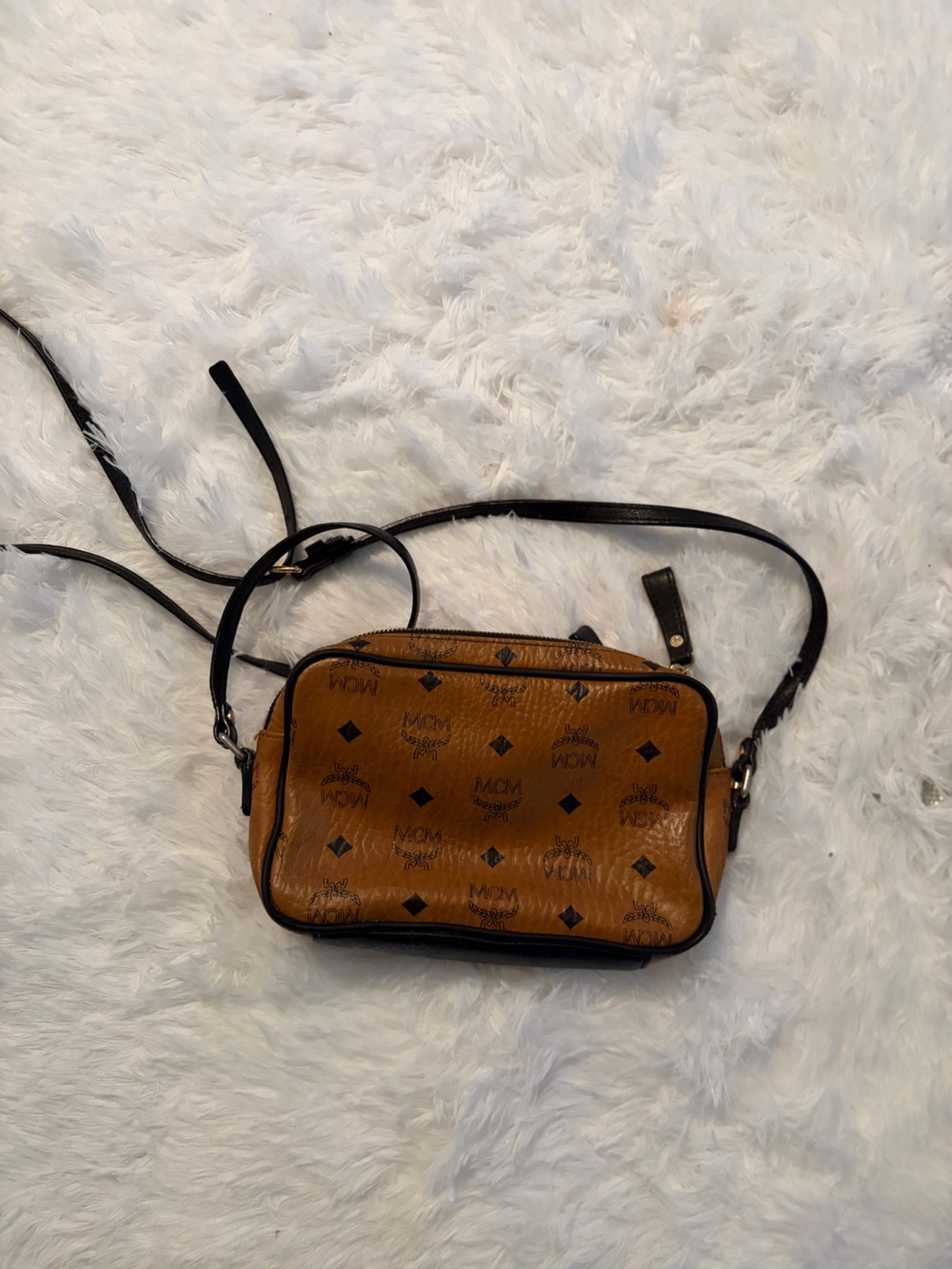 MCM Cognac Monogram Messenger Bag with Black Trim